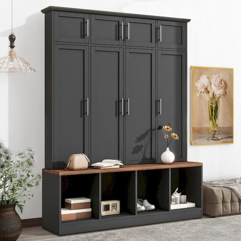 Elegante mobile appendiabiti alto in legno con 8 ante e 4 vani portaoggetti aperti