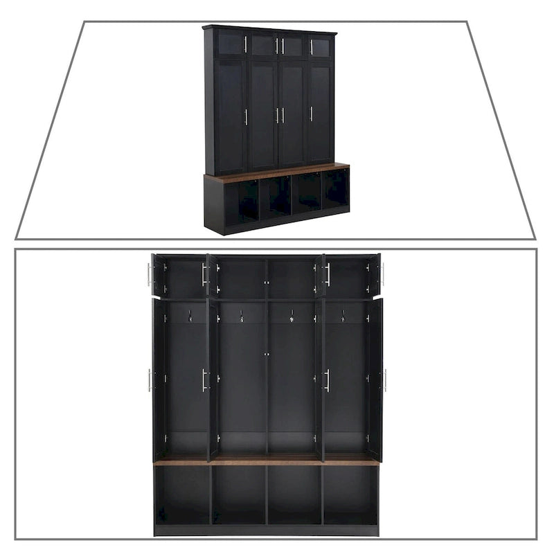 Elegante mobile appendiabiti alto in legno con 8 ante e 4 vani portaoggetti aperti