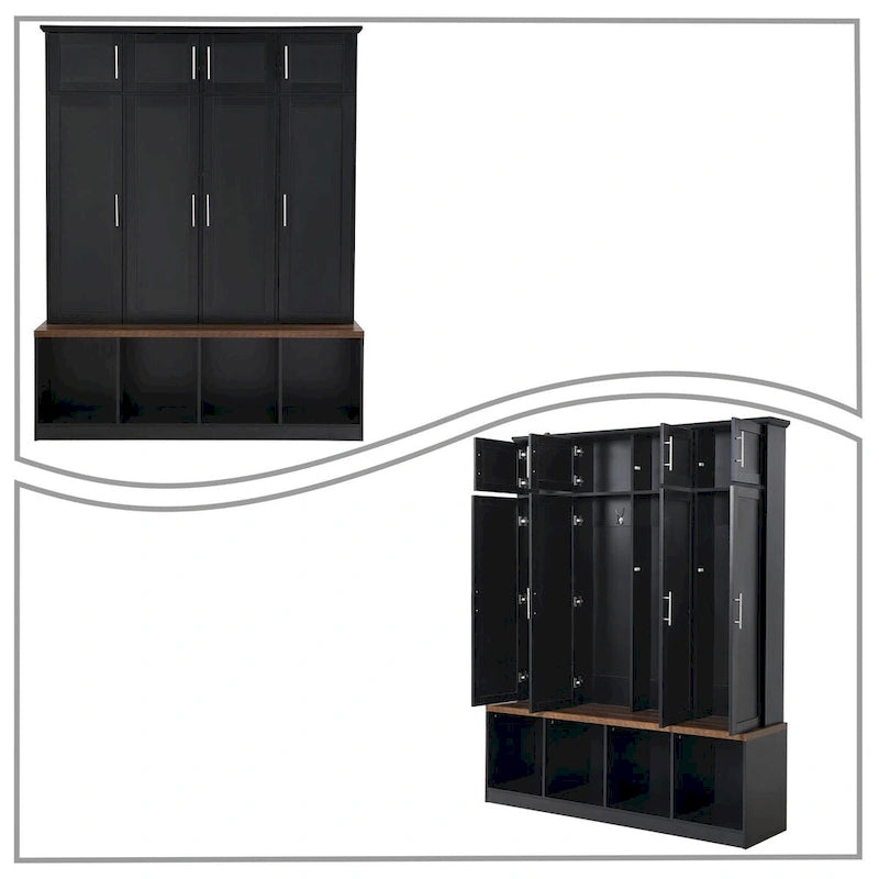 Elegante mobile appendiabiti alto in legno con 8 ante e 4 vani portaoggetti aperti
