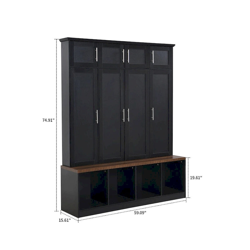Elegante mobile appendiabiti alto in legno con 8 ante e 4 vani portaoggetti aperti