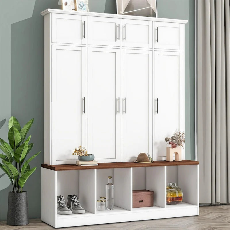 Elegante mobile appendiabiti alto in legno con 8 ante e 4 vani portaoggetti aperti