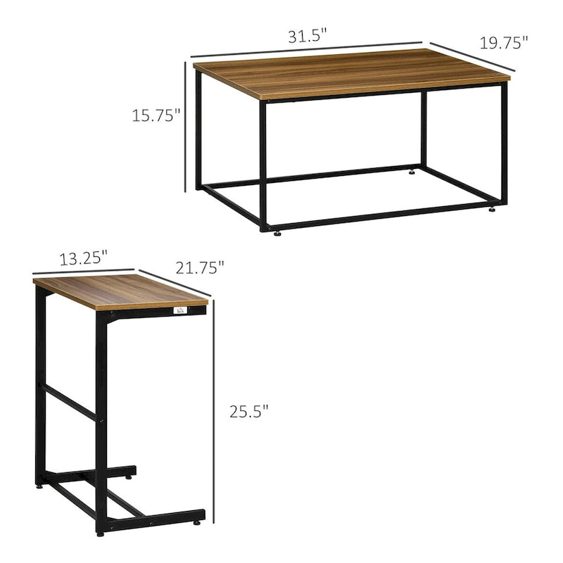 Industrial Coffee Table Set With Metal Frame & Adjustable Foot Pads