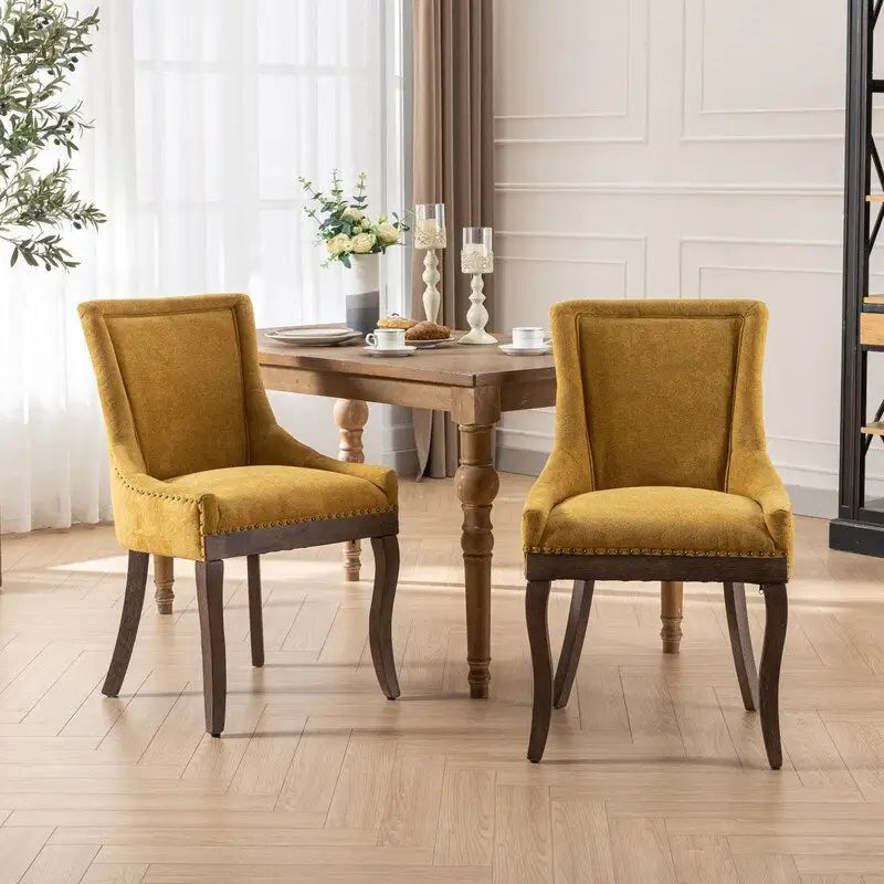 Thickened Fabric Dining Chairs w/Solid Wood Legs,Bronze nail head,Set of 2
