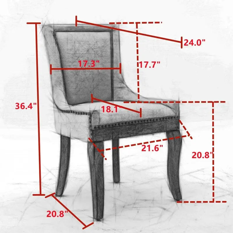 Sedie da pranzo in tessuto imbottito con gambe in legno massello e borchie in bronzo, set da 2
